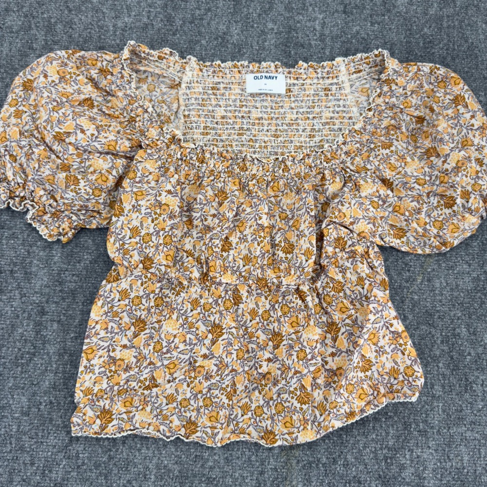 Old Navy Floral Smocked Puff Sleeve Peplum Blouse Top Yellow Size M